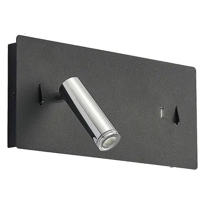 Lucande LED Wandleuchte innen in schwarz, chrom, Wandlampe -  - Schwarze Wandleseleuchte mit verchromtem Lampenkopf, integriertem USB-Anschluss und zwei Haken.