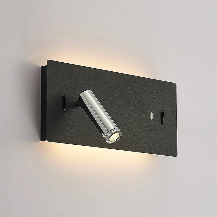 Lucande LED Wandleuchte innen in schwarz, chrom, Wandlampe -  - Schwarze Wandleuchte mit Chrom-Lesespot, USB-Anschluss und Kippschalter, strahlt warmes Licht aus.