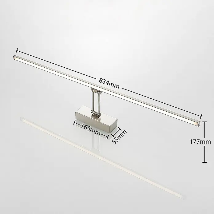 Lucande LED Bilderleuchte in nickel matt, Wandleuchte Bilderlampe -  - Moderne, gebürstete Metall-LED-Wandleuchte mit verstellbarem Arm, zeigt Maße: Länge 834mm, Höhe 177mm, Sockel 165x55mm.