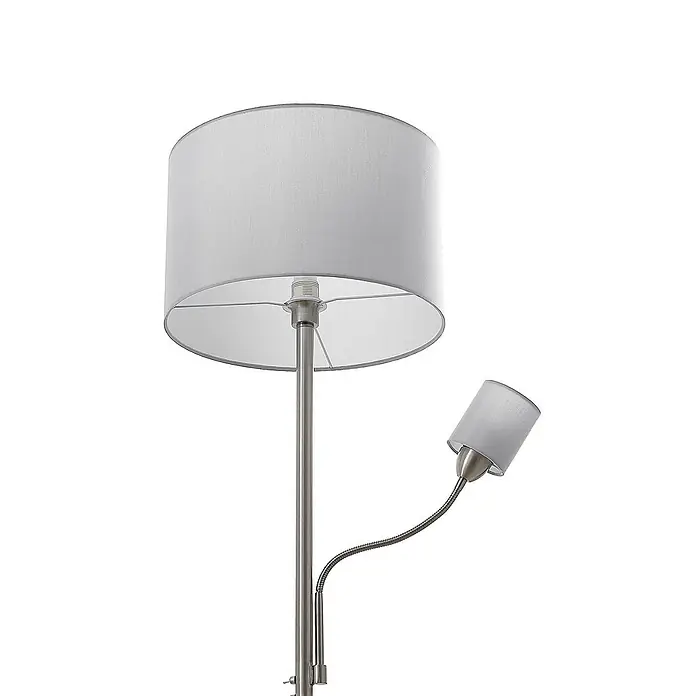 Lindby Stehlampe Wohnzimmer in nickel satiniert, grau, Stehleuchte -  - Stehlampe silber mit großem grauem Stoffschirm und flexibler Leselampe mit kleinem grauem Stoffschirm.