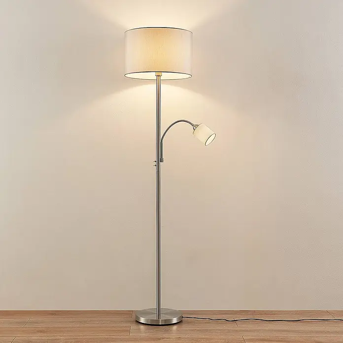 Lindby Stehlampe Wohnzimmer in nickel satiniert, grau, Stehleuchte -  - Gebürstete Nickelfarbene Stehleuchte mit Stoffschirm und verstellbarer Leselampe.