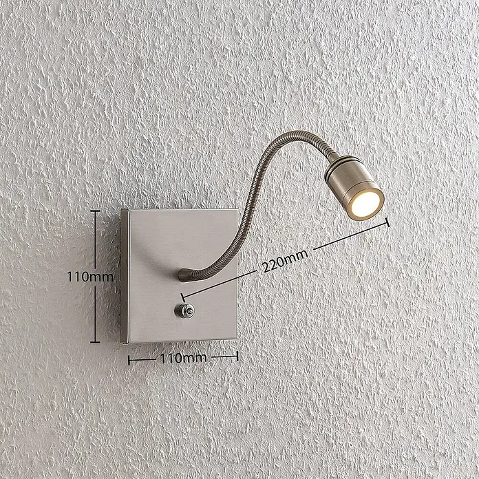 Lindby LED Wandleuchte innen in nickel satiniert, Wandlampe -  - Wandleseleuchte mit flexiblem Schwanenhals, gebürstetem Metall und integriertem Schalter, an strukturierter Wand montiert.
