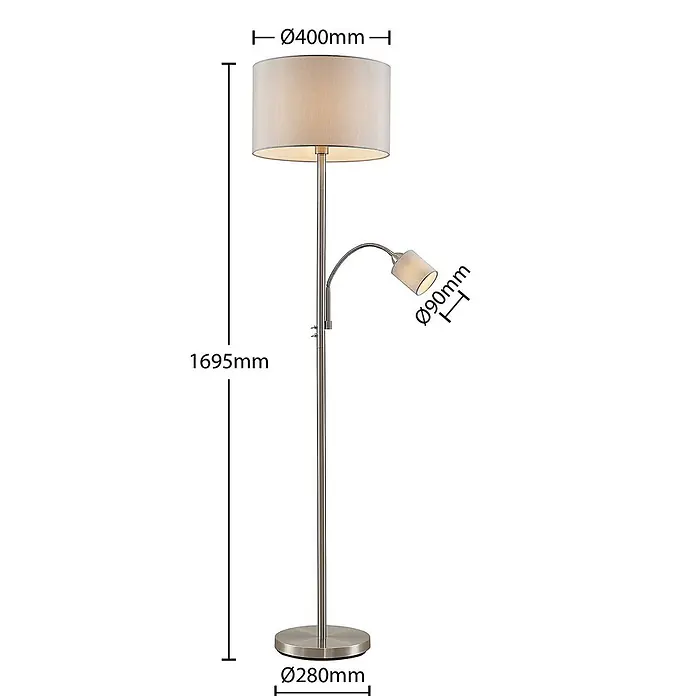 Lindby Stehlampe Wohnzimmer in nickel satiniert, grau, Stehleuchte -  - Gebürstete Nickelleuchte mit großem beigem Stoff-Hauptschirm und verstellbarem, kleinerem beigem Leselicht.