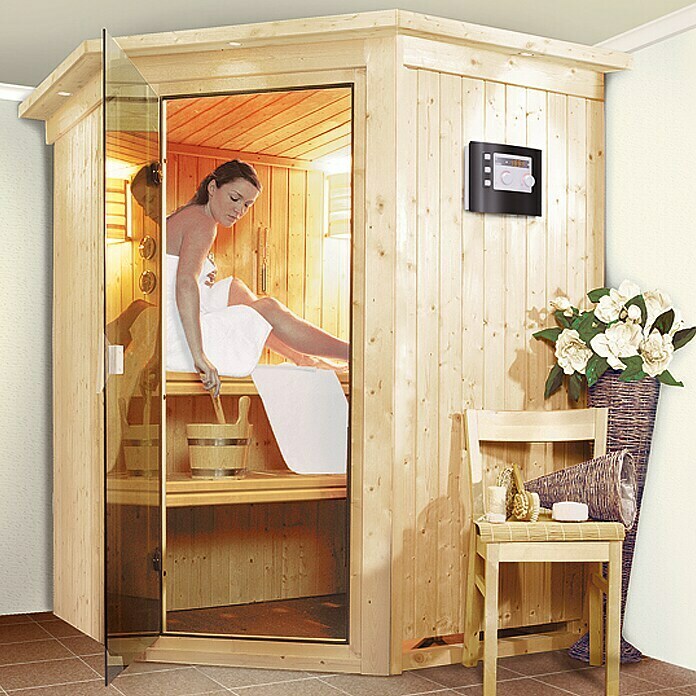 Karibu Systemsauna Larin (Mit 9 kW Saunaofen mit integrierter Steuerung, Mit Dachkranz und Beleuchtung, 151 x 151 x 198 cm)