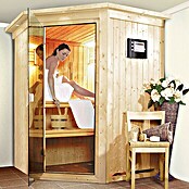 Karibu Systemsauna Larin (Mit 9 kW Saunaofen mit integrierter Steuerung, Mit Dachkranz und Beleuchtung, 151 x 151 x 198 cm)
