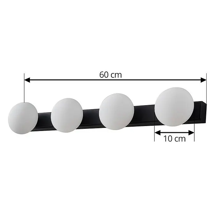 Lucande LED Wandleuchte innen in schwarz, Wandlampe -  - Schwarze Wandleuchte mit vier weißen Kugellampen, 60 cm lang, mit Kugeln von 10 cm Durchmesser.