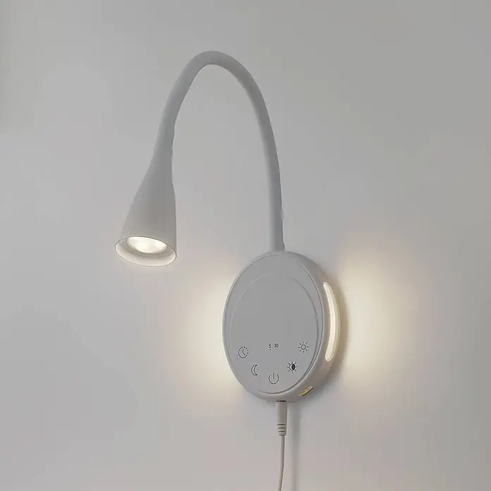 Lindby LED Wandleuchte innen in weiß, dimmbar Leselampe Wand -  - Weiße Wandlampe mit flexiblem Schwanenhalslicht und rundem Sockel mit Touch-Bedienelementen und Umgebungsseitenbeleuchtung.