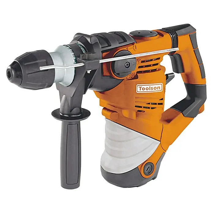 Toolson Kombihammer Pro-BH 1600 - 1.600 W, 4 J, SDS-Plus-Aufnahme - Nahaufnahme eines orangefarbenen Toolson Bohrhammers mit schwarzem Griff und Bohrfutter, ideal für Bau- und Renovierungsarbeiten.