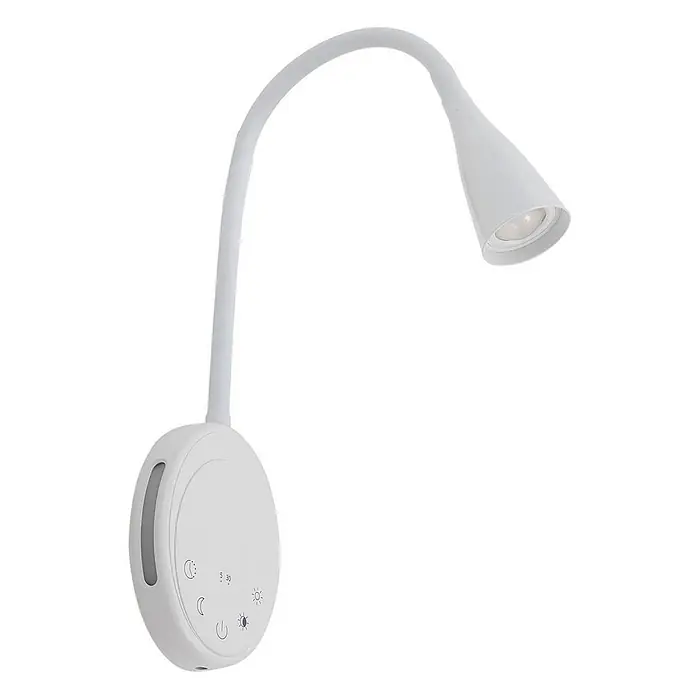 Lindby LED Wandleuchte innen in weiß, dimmbar Leselampe Wand -  - Weiße Schreibtischlampe mit flexiblem Schwanenhals, konischem Kopf und rundem Sockel mit Touch-Bedienelementen für Helligkeit und Timer.