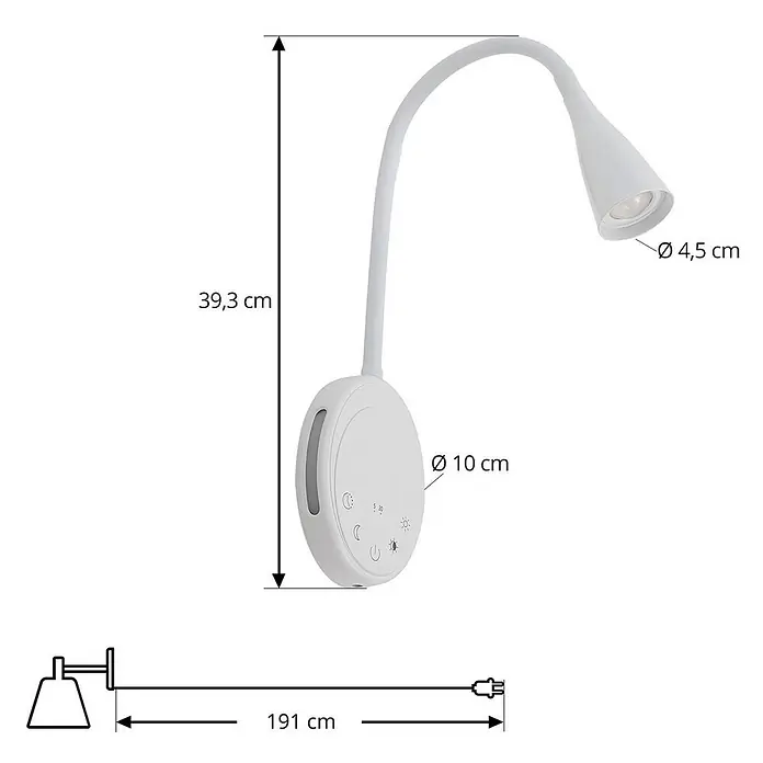 Lindby LED Wandleuchte innen in weiß, dimmbar Leselampe Wand -  - Weiße flexible LED-Wandleuchte mit integriertem Bedienfeld, Maße sind angegeben.