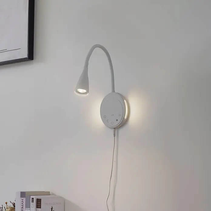 Lindby LED Wandleuchte innen in weiß, dimmbar Leselampe Wand -  - Weiße Wand-LED-Lampe mit flexiblem Schwanenhals, rundem Bedienfeld, Leselicht und Umgebungslicht an der Basis.
