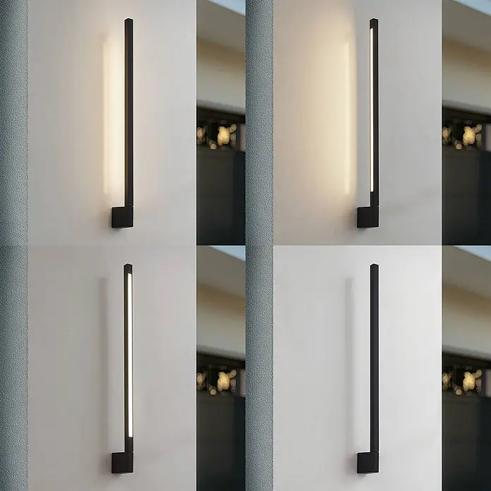 Lindby LED Wandleuchte aussen in schwarz, weiß, Aussenlampe Wand -  - Schwarze moderne lineare LED-Wandleuchte, vertikal montiert, zeigt warme und kühle Beleuchtung an der Wand.