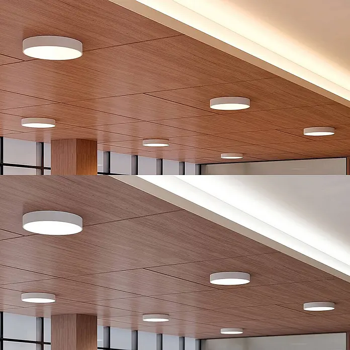 Arcchio LED Deckenlampe in weiß, Deckenleuchte rund -  - Weiße runde LED-Aufbauleuchten an einer modernen Holzdecke, ergänzt durch lineare Voutenbeleuchtung.