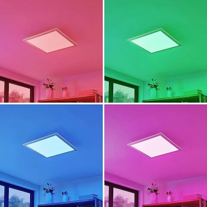 Lindby LED-Panel Kjetil - alu / grau / zink - Quadratische LED-Deckenleuchte, die den Raum mit verschiedenen lebhaften Farben beleuchtet.