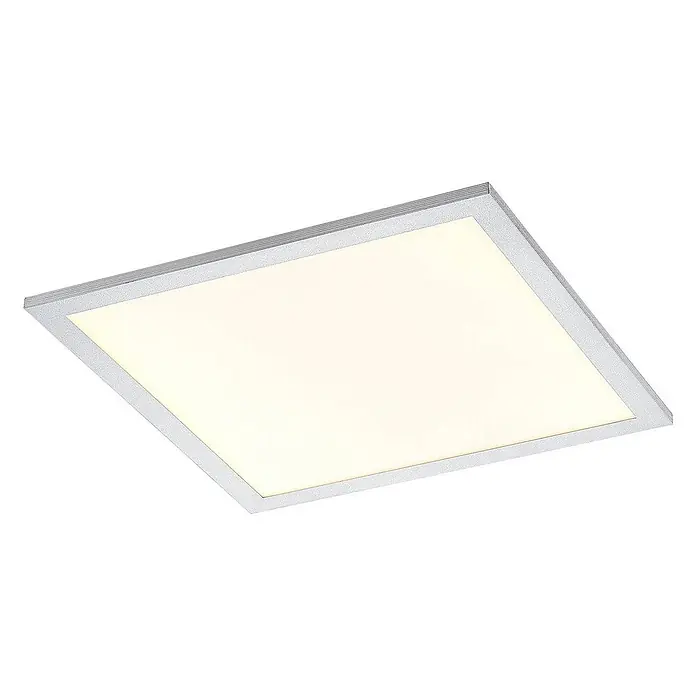 Lindby LED-Panel Kjetil - alu / grau / zink - Quadratische LED-Panel-Leuchte mit silbergrauem Rahmen und gleichmäßig beleuchteter weißer Fläche.