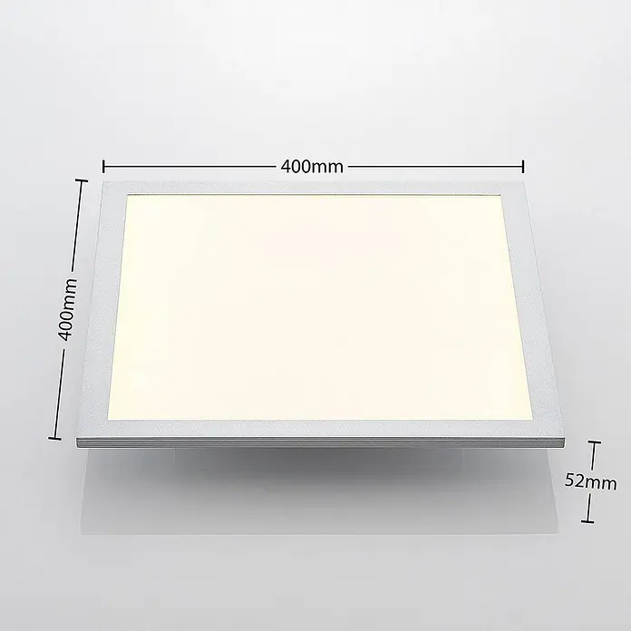 Lindby LED-Panel Kjetil - alu / grau / zink - Quadratische LED-Panel-Leuchte mit silbernem Rahmen und weißer Leuchtfläche, 400x400x52mm.