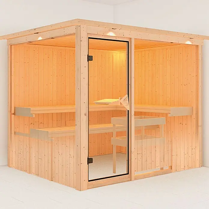 Karibu Elementsauna Gobin - Mit 9 kW Bio-Ofen mit externer Steuerung, Mit Dachkranz und Beleuchtung, L x B x H: 245 x 210 x 192 cm - Einladende Saunakabine mit Holzausstattung, Glasfront und integrierten Bänken für entspannende Momente. Ideal für Wellness zu Hause.