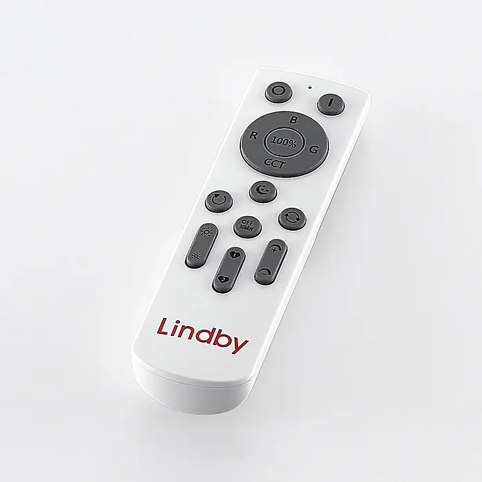 Lindby LED-Panel Kjetil - alu / grau / zink - Weiße Lindby-Fernbedienung mit grauen Tasten zur Lichteinstellung und 30-Minuten-Timerfunktion.