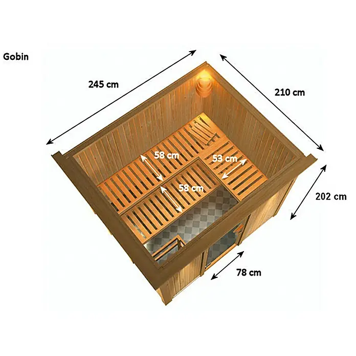 Karibu Elementsauna Gobin - Mit 9 kW Bio-Ofen mit externer Steuerung, Mit Dachkranz und Beleuchtung, L x B x H: 245 x 210 x 192 cm - Ansicht von oben der Gobin Sauna mit Maßangaben, die die Abmessungen und die Sitzanordnung zeigen.