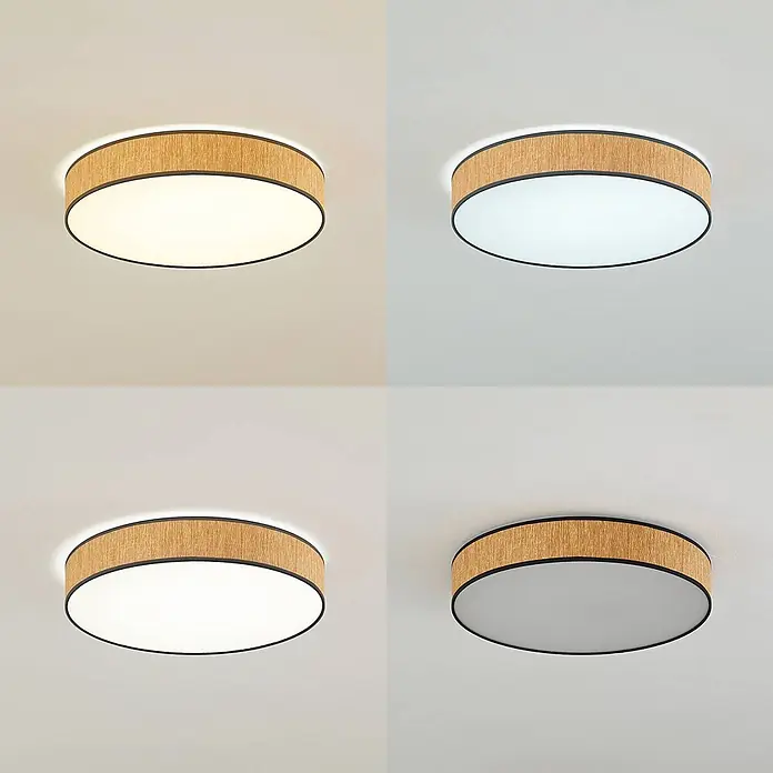 Lindby LED Deckenlampe in holz, Deckenleuchte -  - Runde Deckenleuchte mit Holzmaserung und weißem Diffusor, gezeigt mit warmem, kühlem, neutralweißem Licht und ausgeschaltet.