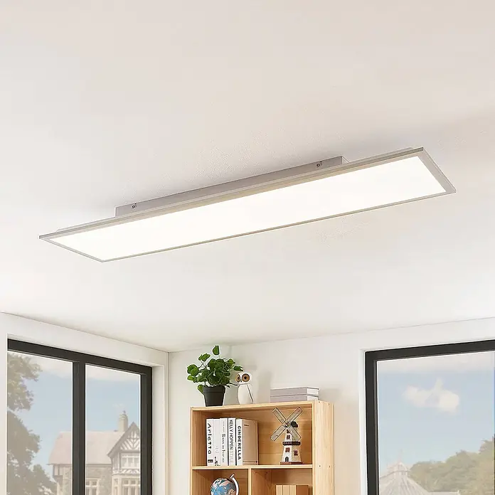 Lindby LED-Panel Stenley - weiß / opal, Neutralweiß - Rechteckige LED-Deckenleuchte mit schlankem grauem Metallrahmen und weißem Diffusor, in modernem Raum installiert.