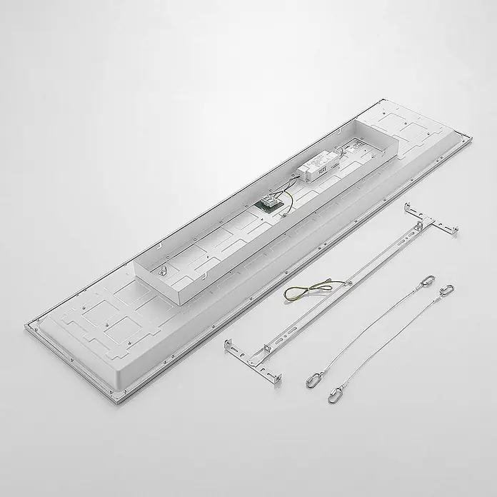 Lindby LED-Panel Stenley - weiß / opal, Neutralweiß - Weißes rechteckiges LED-Panel, Rückansicht mit internem Treiber, Anschlussklemme und Montagezubehör inklusive Halterungen und Aufhängeseilen.