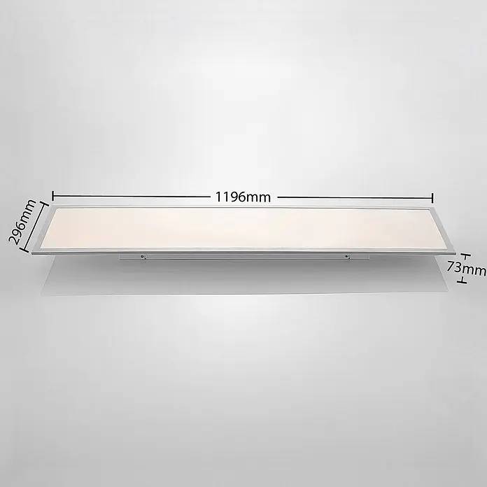 Lindby LED-Panel Stenley - weiß / opal, Neutralweiß - Rechteckiges LED-Panel mit silbernem Rahmen und warmem Licht, Maße 1196x296x73mm.