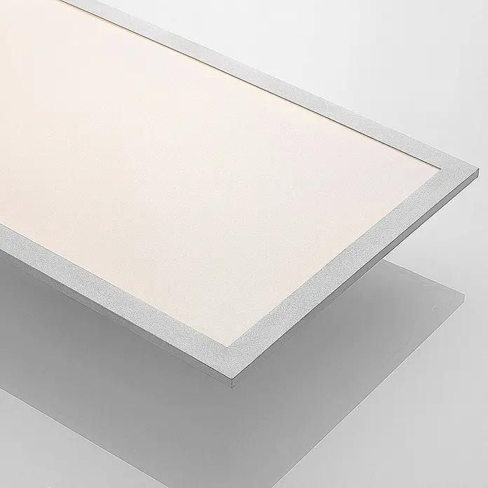 Lindby LED-Panel Stenley - weiß / opal, Neutralweiß - Rechteckige Platte mit heller, texturierter Oberfläche und silbernem, gesprenkeltem Rahmen.
