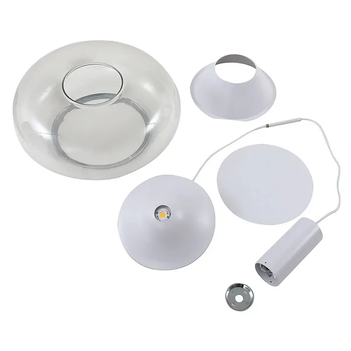 Lucande Pendelleuchte Orasa - klar / transparent, weiß, klar - Zerlegte moderne Deckenleuchte mit klarer Glaskuppel und weißen Metallkomponenten inklusive LED-Leuchte.