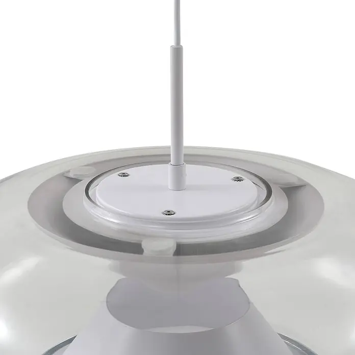 Lucande Pendelleuchte Orasa - klar / transparent, weiß, klar - Oberer Teil einer geschichteten Kunststoff-Pendelleuchte in Weiß und Transparent, mit zentraler Aufhängestange.