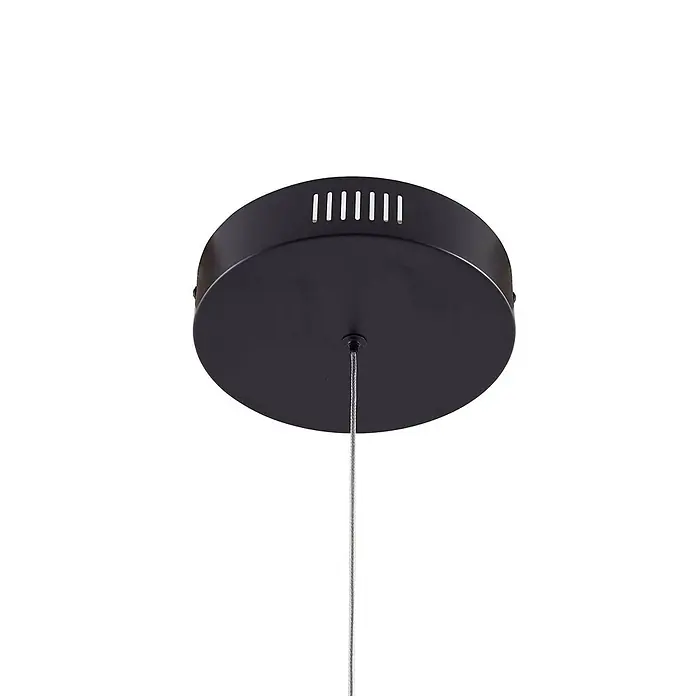 Lucande LED Pendelleuchte in schwarz, gold, dimmbar Hängelampe -  - Schwarze runde Deckenrosette mit Lüftungsschlitzen, die ein Metallkabel für eine Pendelleuchte hält.