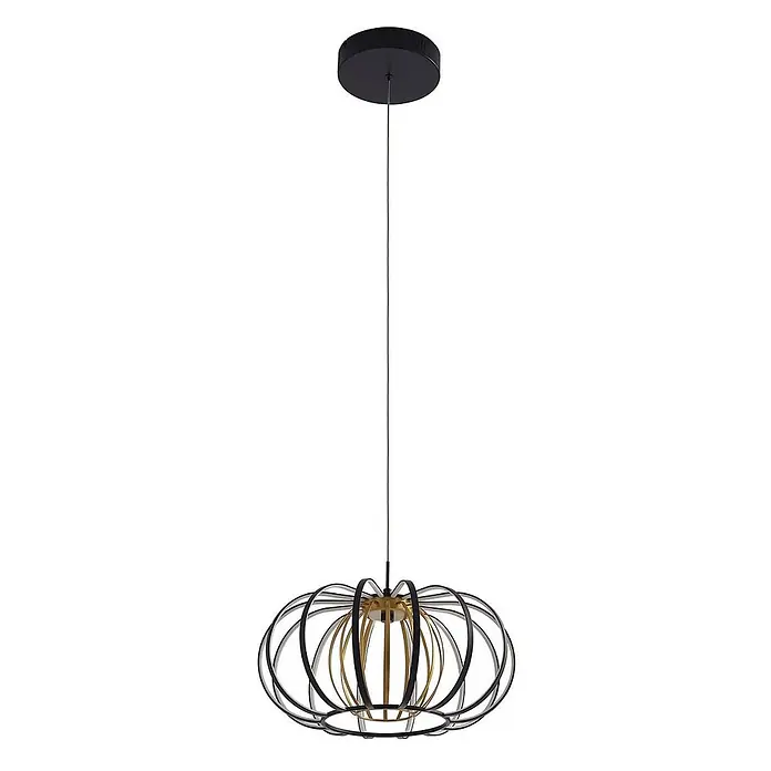 Lucande LED Pendelleuchte in schwarz, gold, dimmbar Hängelampe -  - Moderne Pendelleuchte mit schwarzer Deckenrosette, schwarzem Kabel und einem kugelförmigen Lampenschirm aus verflochtenen schwarzen und goldenen Metallringen.