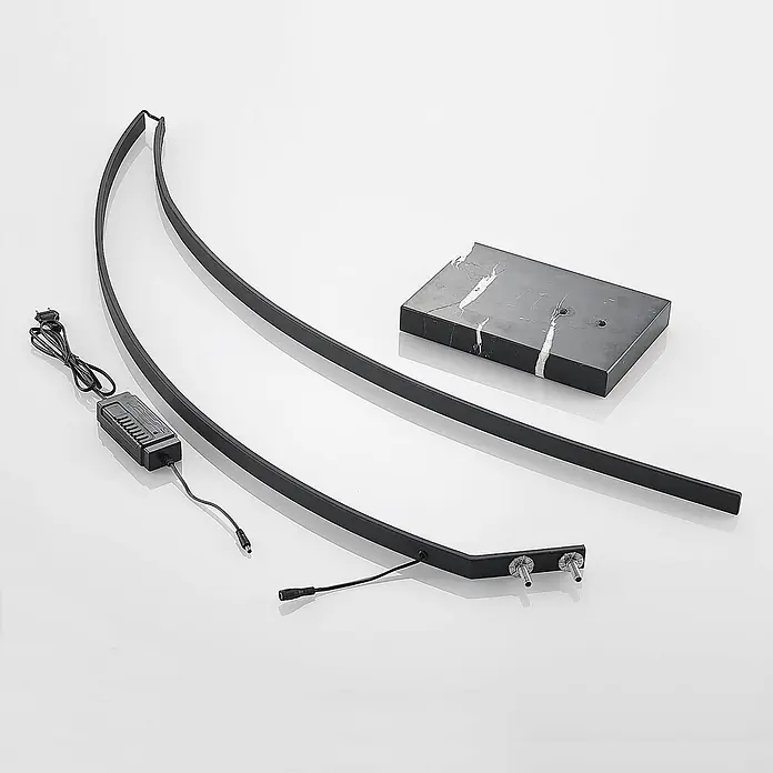Lindby LED Stehlampe in schwarz, Bogenlampe Wohnzimmer -  - Schwarze gebogene Metallleuchtenarme, schwarzer Marmorsockel und Netzteil zum Zusammenbau.