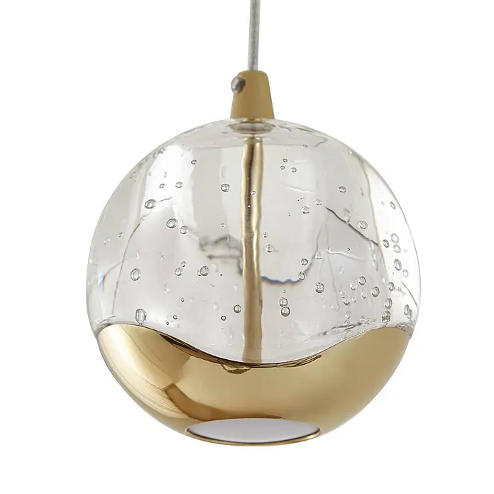 Lucande LED Pendelleuchte in transparent, gold, Hängelampe -  - Klare Glashängeleuchte mit internen Blasen und poliertem Messingsockel, an einem Kabel aufgehängt.