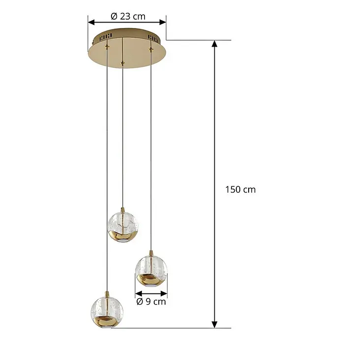 Lucande LED Pendelleuchte in transparent, gold, Hängelampe -  - Dreiflammige Pendelleuchte mit goldfarbenem Deckenhalter (Ø 23 cm) und drei Klarglaskugeln (Ø 9 cm) mit Goldakzenten, Gesamthöhe 150 cm.