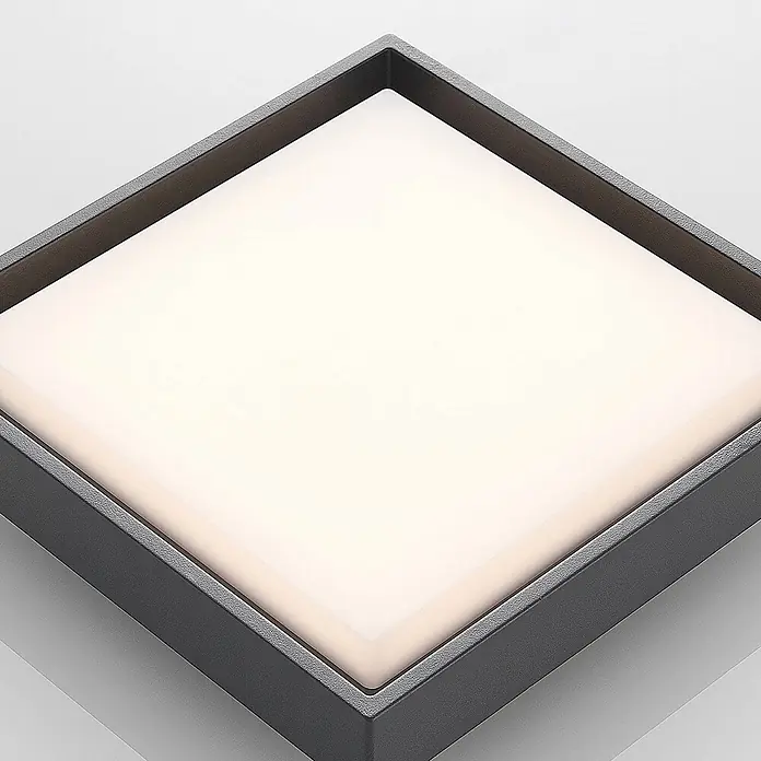 Lucande LED Outdoor Deckenlampe in dunkelgrau, weiß, Deckenleuchte außen -  - Quadratische Lichtplatte mit dunkelgrauem, texturiertem Rahmen und weißem Diffusor.