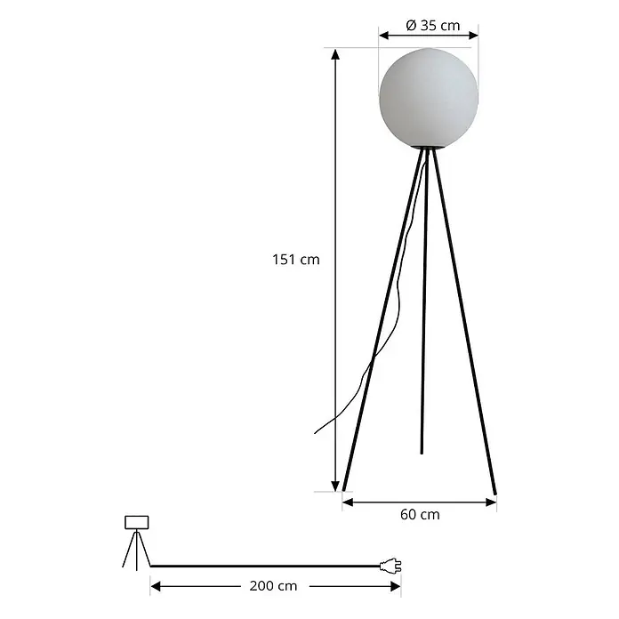 Lucande LED Stehlampe Wohnzimmer in weiß, schwarz, Stehleuchte -  - Weiße kugelförmige Stativ-Stehleuchte mit schwarzen Beinen. Maße: 151 cm hoch, 35 cm Schirm Ø, 60 cm Standbreite, 200 cm Kabel.