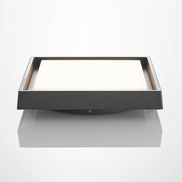 Lucande LED Outdoor Deckenlampe in dunkelgrau, weiß, Deckenleuchte außen -  - Quadratische dunkelgraue LED-Leuchte mit weißem Diffusor auf hellgrauem Sockel.