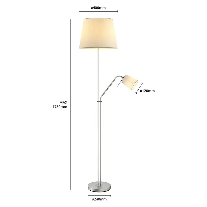 Lindby Stoff Stehlampe Textilschirm mit Leselampe, 1x E27 und 1x E14 -  - Stehleuchte aus gebürstetem Metall mit großem weißen Stoffschirm und verstellbarer Leselampe mit kleinerem Schirm.