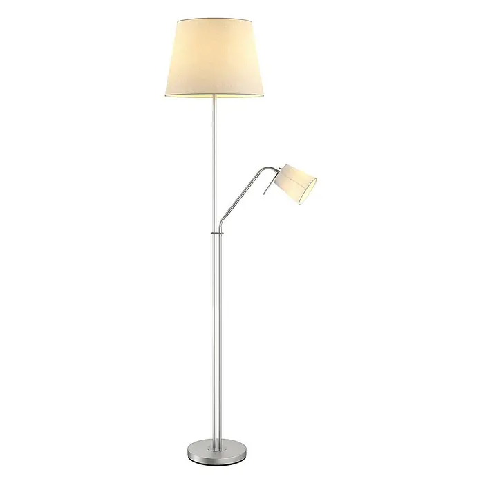 Lindby Stoff Stehlampe Textilschirm mit Leselampe, 1x E27 und 1x E14 -  - Stehlampe aus gebürstetem Metall mit großem Stoffschirm für Umgebungslicht und verstellbarem Leselicht.