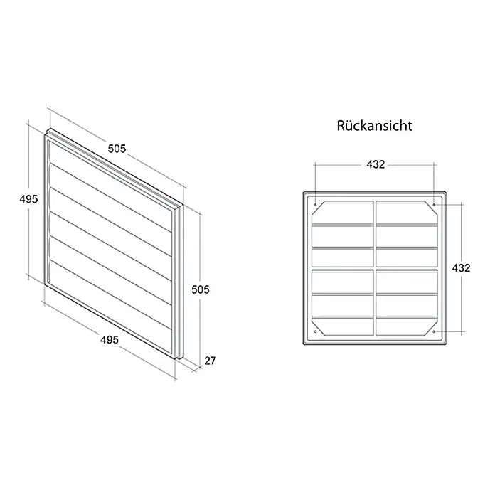 Air-Circle Jalousieklappe FS 18 - Passend für: Außenwand-Ventilator Basic 300 - Produktansicht mit Maßen. Die Abbildung zeigt ein Produkt von vorne und von hinten mit den zugehörigen Maßangaben in Millimetern.