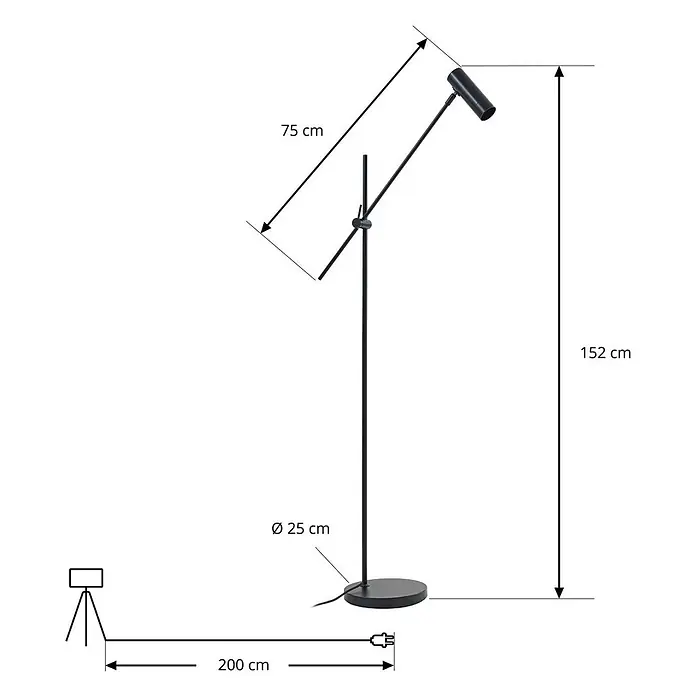 Lindby Stehlampe Wohnzimmer in schwarz, Stehleuchte -  - Schwarze Stehlampe aus Metall mit verstellbarem Arm. 152 cm hoch, 75 cm Arm und 25 cm Basisdurchmesser. Mit 200 cm Kabel.