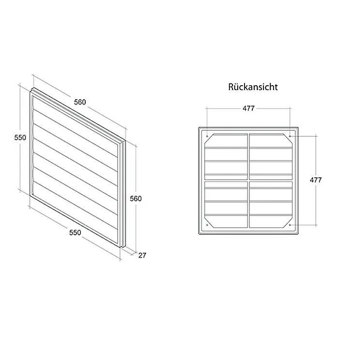 Air-Circle Jalousieklappe FS 20 - Passend für: Außenwand-Ventilator Basic 350 - Rückansicht eines quadratischen Lüftungsgitters mit Lamellen und den Maßen 560 x 550 x 27 mm. Seitenansicht 477 x 477 mm.