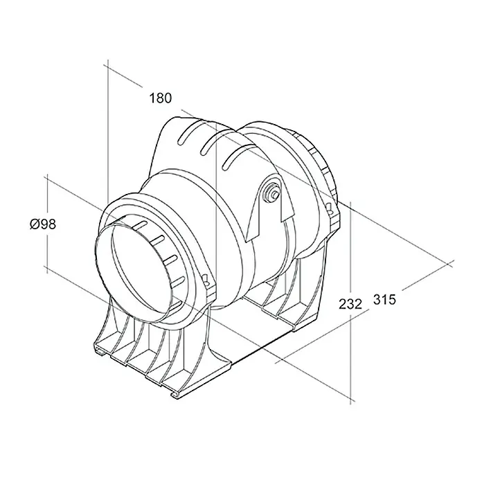 Air-Circle Zwischenrohr-Ventilator - Weiß, 10 cm - Darstellung einer Rohrventilationsanlage mit detaillierten Maßangaben für Installationszwecke.