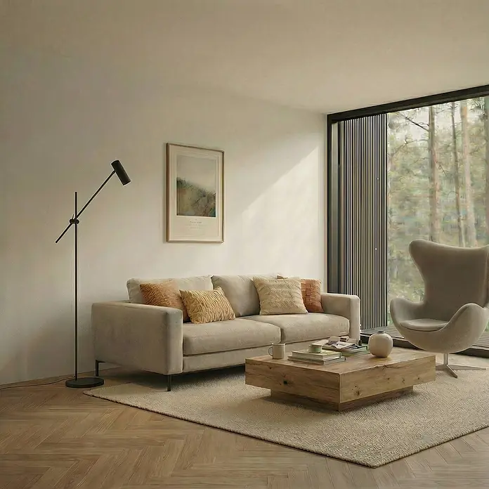 Lindby Stehlampe Wohnzimmer in schwarz, Stehleuchte -  - Modernes Wohnzimmer mit beigem Sofa, Holztisch, Sessel und Stehleuchte auf einem strukturierten Teppich.
