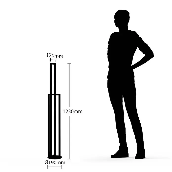 Lucande LED Stehlampe Wohnzimmer in schwarz matt, Stehleuchte -  - Schwarze Stehleuchte aus Metall, 1230mm H, mit Ø190mm Basis. Zum Größenvergleich neben einer Personensilhouette dargestellt.