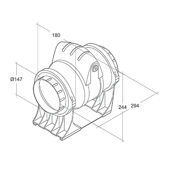 Air-Circle Zwischenrohr-Ventilator - Weiß, 15 cm - Schematische Darstellung eines Abluftventilators mit Maßangaben. Ideal für technische Zeichnungen oder Produktpräsentationen.