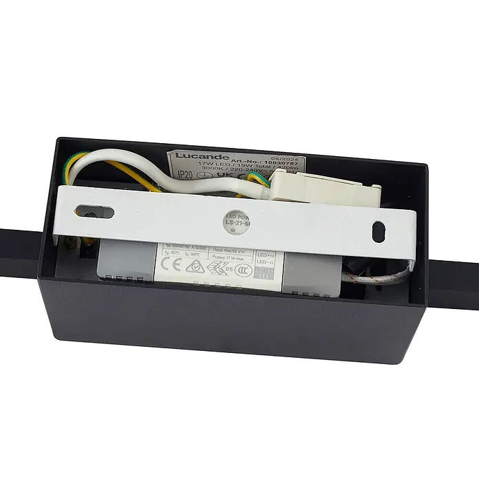 Lucande LED Wandleuchte innen in schwarz, up down Wandlampe -  - Schwarze, rechteckige LED-Leuchte mit internem LED-Treiber, weißen, gelben, grünen Kabeln und technischen Spezifikationen.