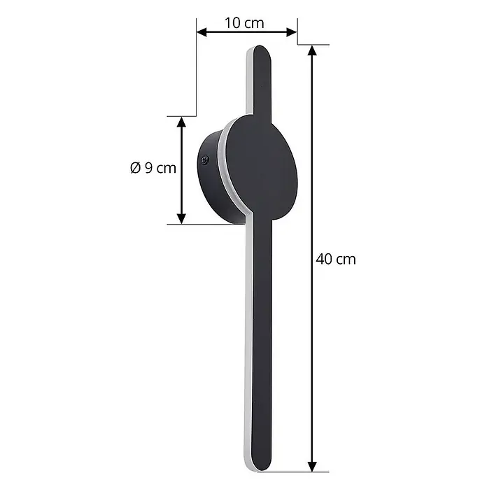 Lindby LED Wandleuchte innen in schwarz, Wandlampe -  - Dunkelgraue LED-Wandleuchte mit rechteckigem Stab und zentraler runder Halterung. Höhe 40 cm, Breite 10 cm, Durchmesser 9 cm.