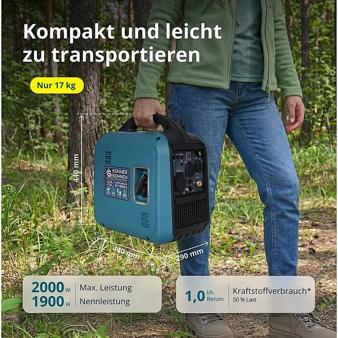 Könner & Söhnen Invertergenerator - Gas/Benzin - Eine Person trägt einen kompakten, blaugrünen Stromerzeuger im Wald, der seine Portabilität und Leistung hervorhebt.